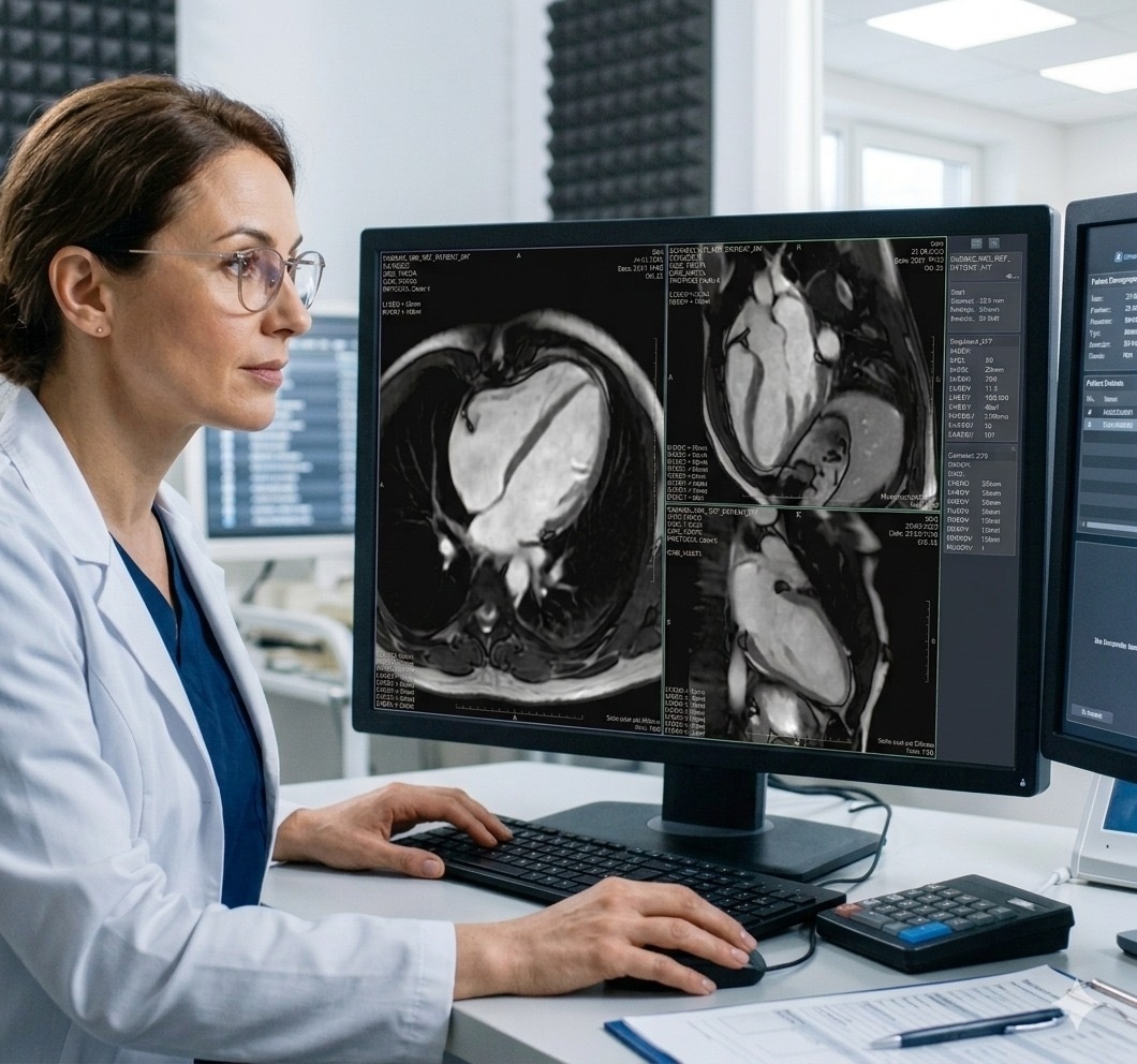 Médica radióloga revisando una resonancia magnética cardíaca